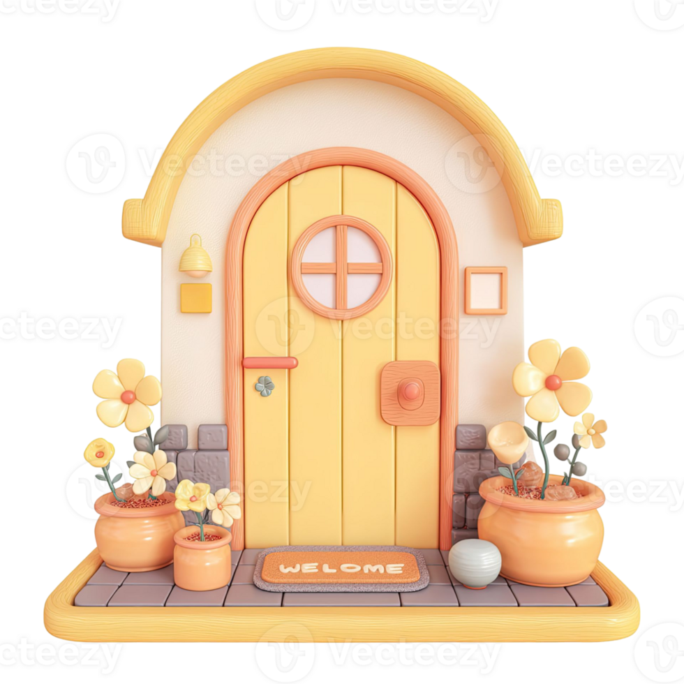 Cartoon Home Facade with Yellow Door Floral Accents and Welcome Mat Isolated on Transparent Background png