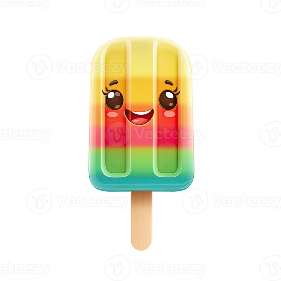 Cartoon Popsicle with Rainbow Stripes and a Happy Face on Transparent Background png