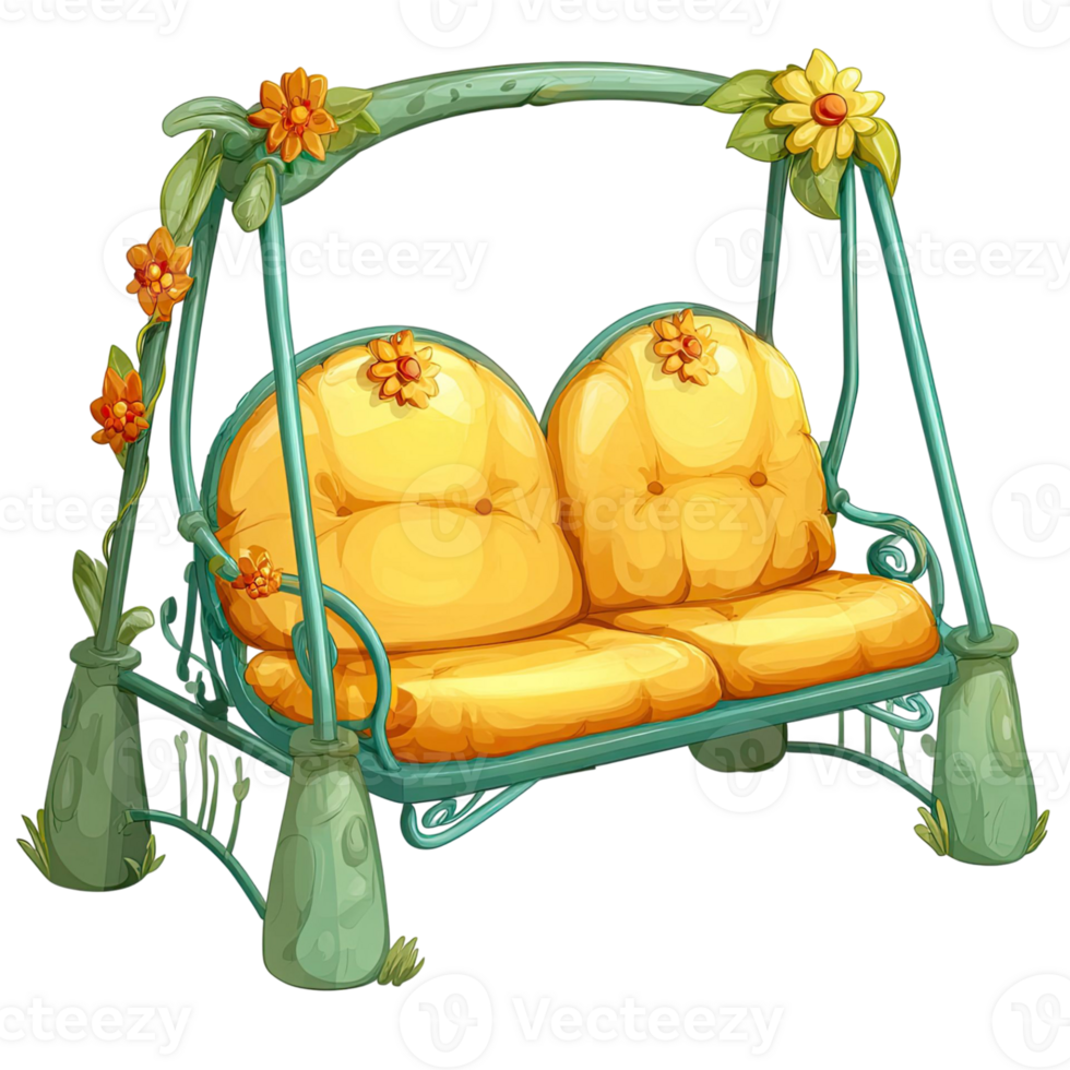 Cartoon Illustration Of A Green Garden Swing Adorned With Yellow Cushions And Orange Floral Embellishments Against A Transparent Background png