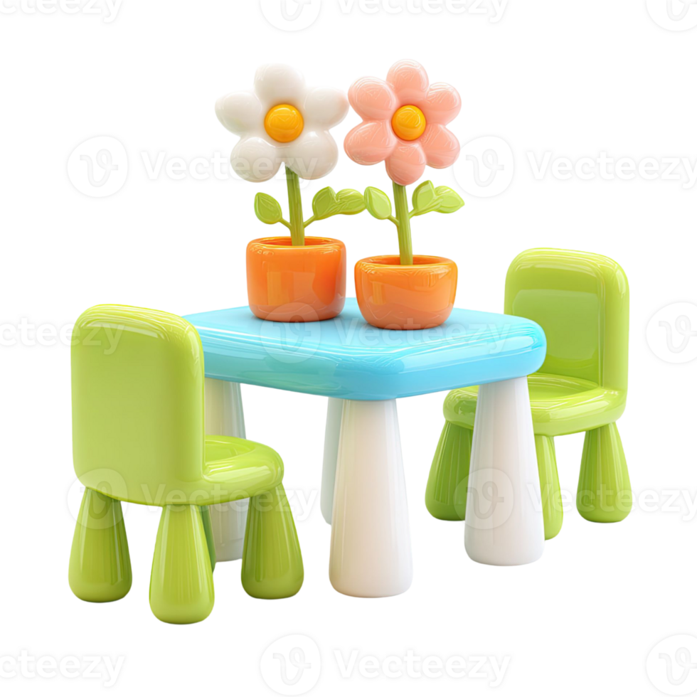 Cartoon Table And Chairs Set With Flower Pots In A Playful Pastel Color Scheme On Transparent Background png