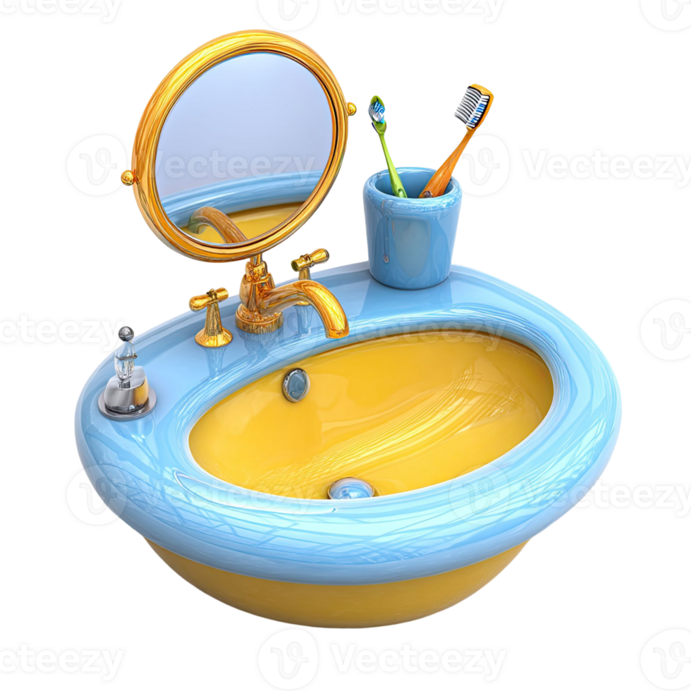 Cartoon Bathroom Sink With Mirror Toothbrush Holder And Two Toothbrushes On Transparent Background png