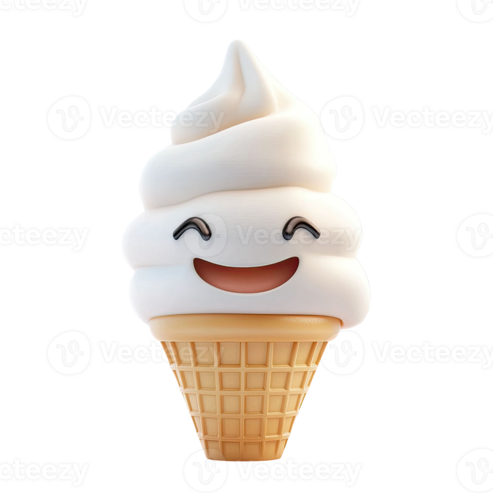 Cheerful 3D Ice Cream Cone with a Smiling Face on a Transparent Background png