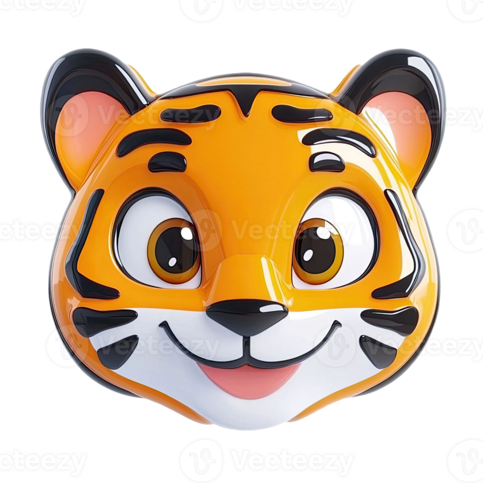 Cartoon Tiger Head With Glossy Orange Fur and Smiling Expression on Transparent Background png