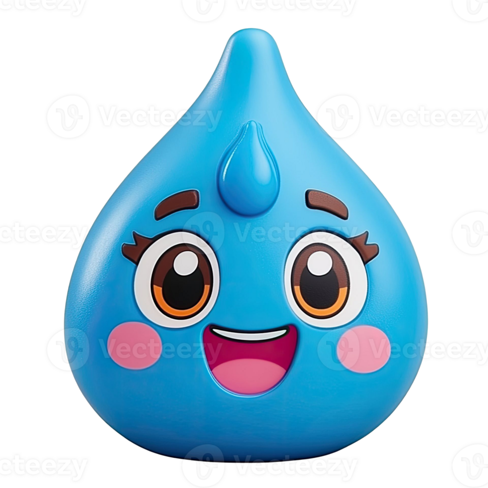 Cheerful Cartoon Water Droplet Character with Happy Smile Blush and Blue Body Isolated png