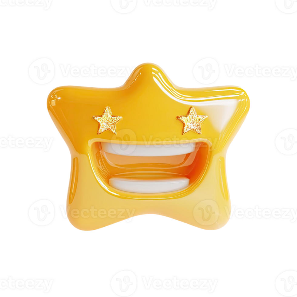 Cheerful Yellow Star Character Smiling with Golden Star Eyes on Transparent Background png