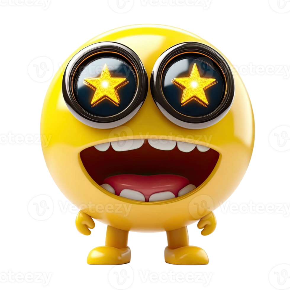 Cheerful Yellow Cartoon Character With Star Eyes And Wide Open Mouth On Transparent Background png