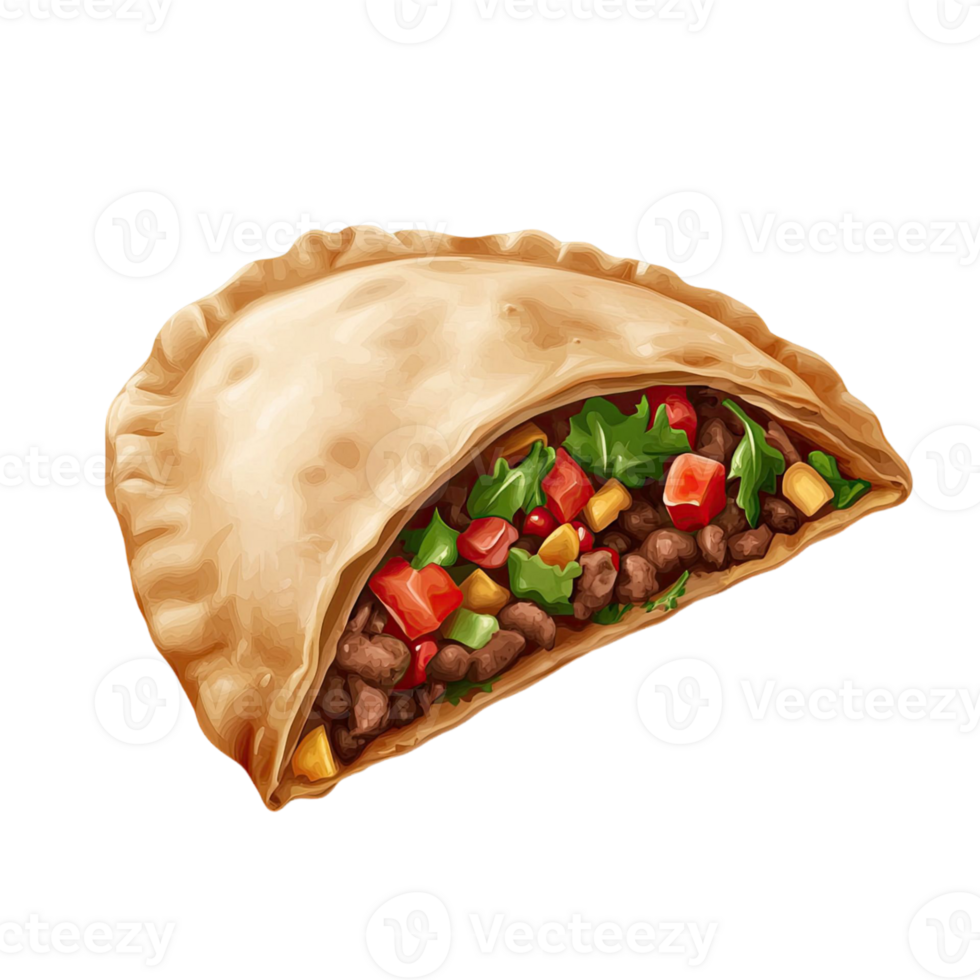 Close Up View Of A Golden Baked Pastry Filled With Meat And Colorful Vegetables Against Transparent Background png