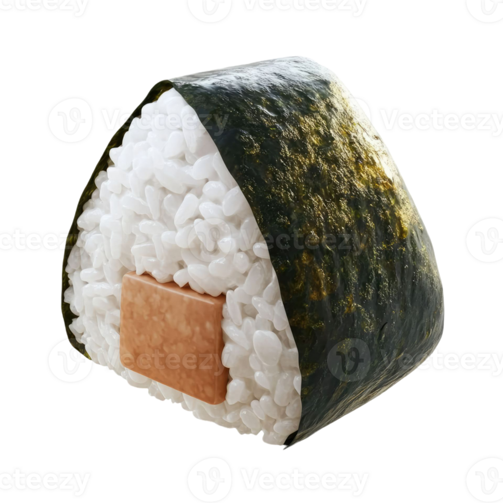 Close Up Triangular Onigiri With Spam Filling Wrapped In Dark Green Nori Seaweed On Transparent Background png