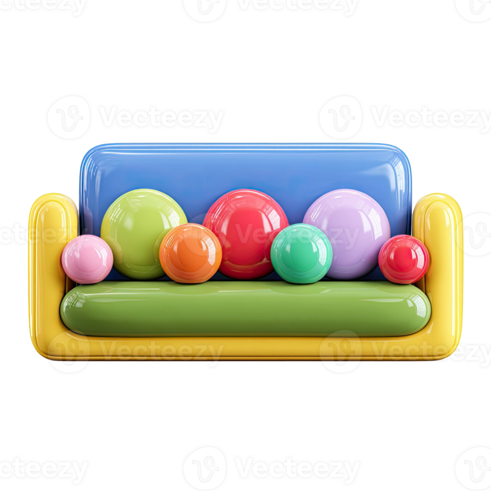Colorful Cartoon Sofa Illustration with Soft Rounded Cushions in Modern Style on Transparent Background png