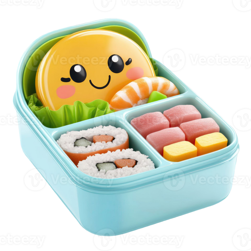 Colorful Bento Box Illustration Featuring Sushi Rolls and Smiling Character with Transparent Background png