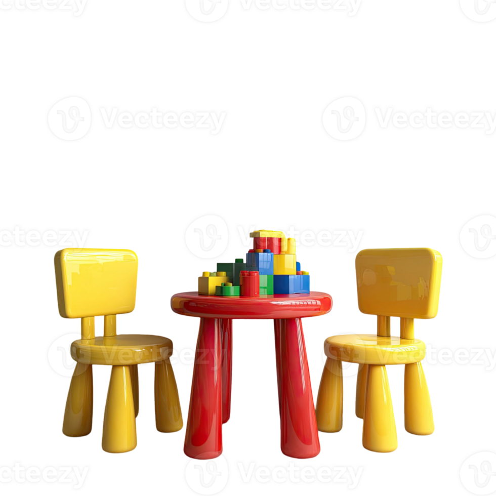 Colorful Stack Of Wooden Blocks On A Red Table Between Two Yellow Chairs Isolated Against Transparent Background png