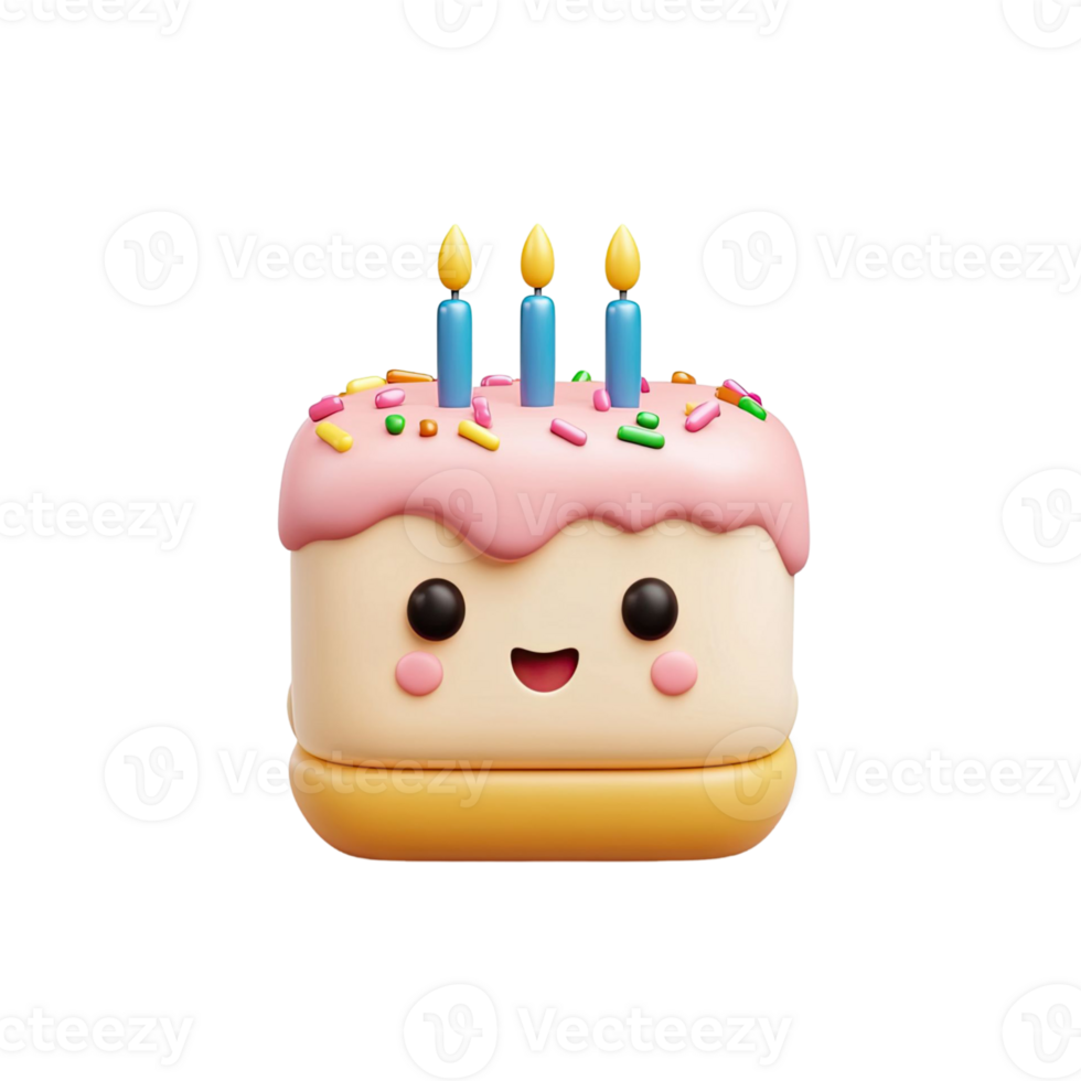 Cute Animated Birthday Cake With Pink Frosting Three Blue Candles and Colorful Sprinkles Isolated on Transparent Background png