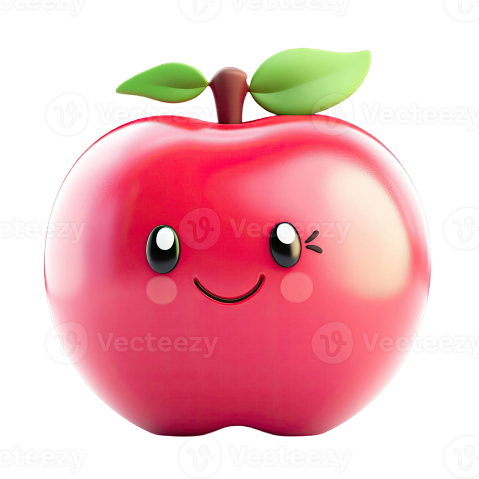Cute Cartoon Red Apple Character With Smiling Face and Green Leaves on Transparent Background png