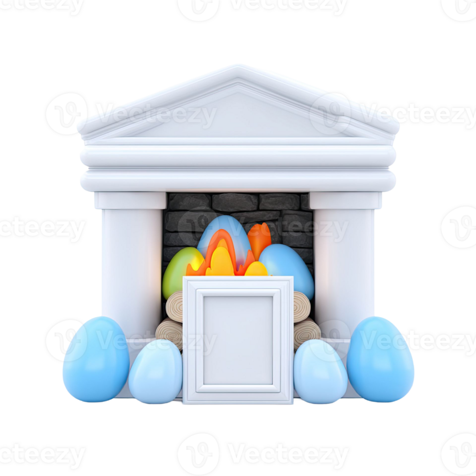 Easter Fireplace Scene with Colorful Eggs and White Frame against Transparent Background png