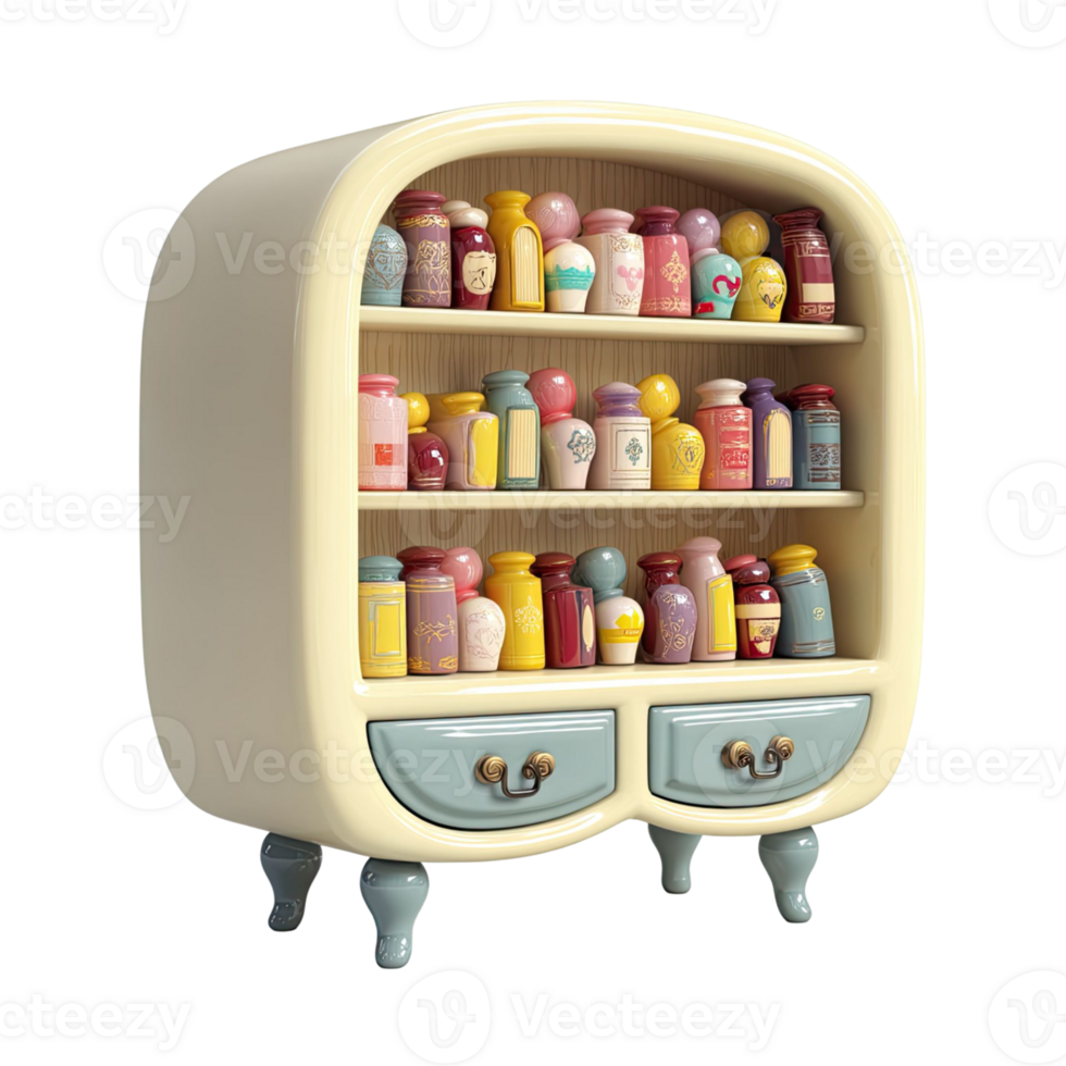 Decorative Cabinet Filled With Various Jars And Bottles Displayed On Shelves In Pastel Colors png