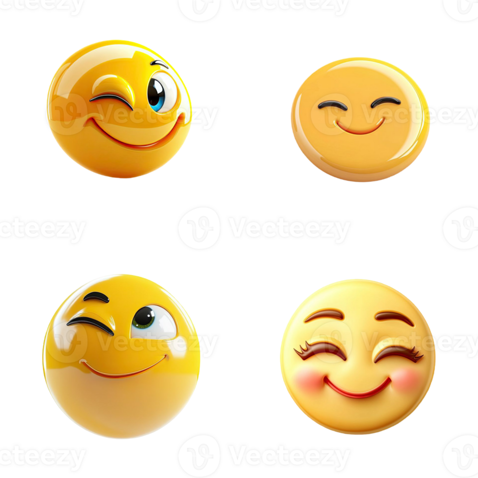 Four Smiling Yellow Emoji Faces with Winks and Expressions on Transparent Background png
