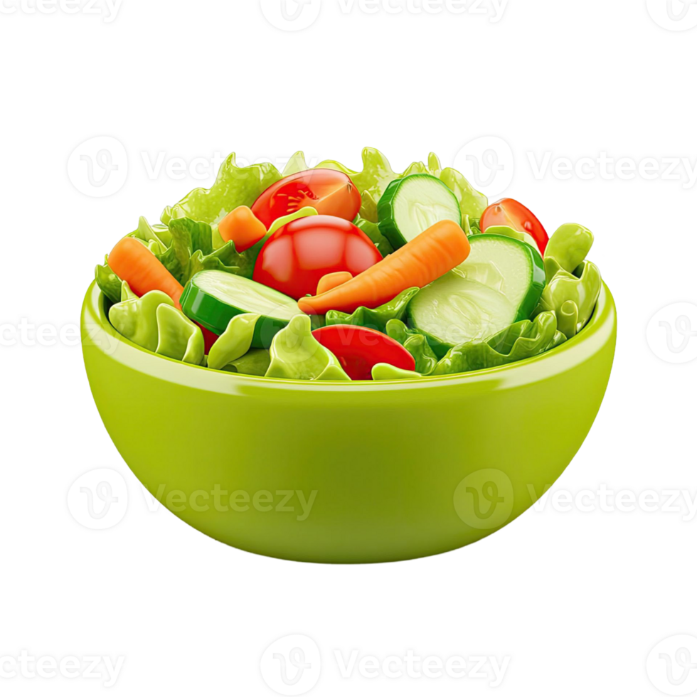 Fresh Salad Bowl with Tomatoes Cucumbers Carrots and Green Leafy Vegetables on Transparent Background png