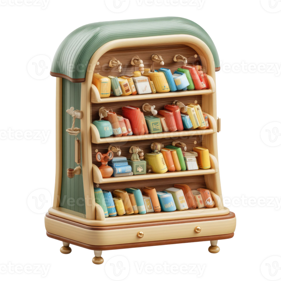 Detailed Illustration Of A Miniature Bookshelf Filled With Colorful Books And Wooden Structure On Transparent Background png