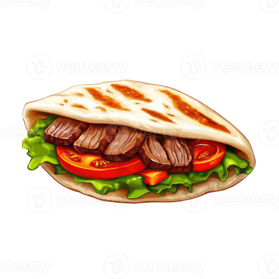 Grilled Pita Bread Sandwich Filled With Meat Tomatoes and Lettuce on Transparent Background png
