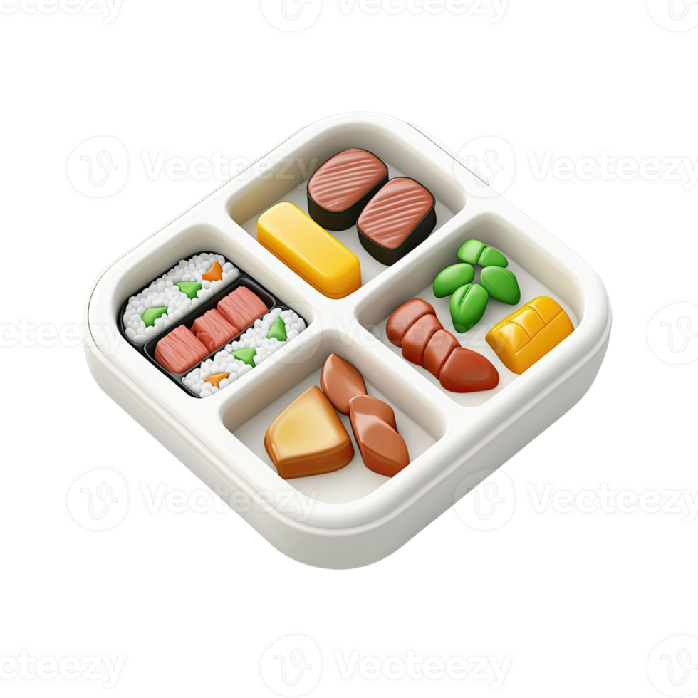 Isometric Bento Box Presentation with Assorted Japanese Dishes on Transparent Background png