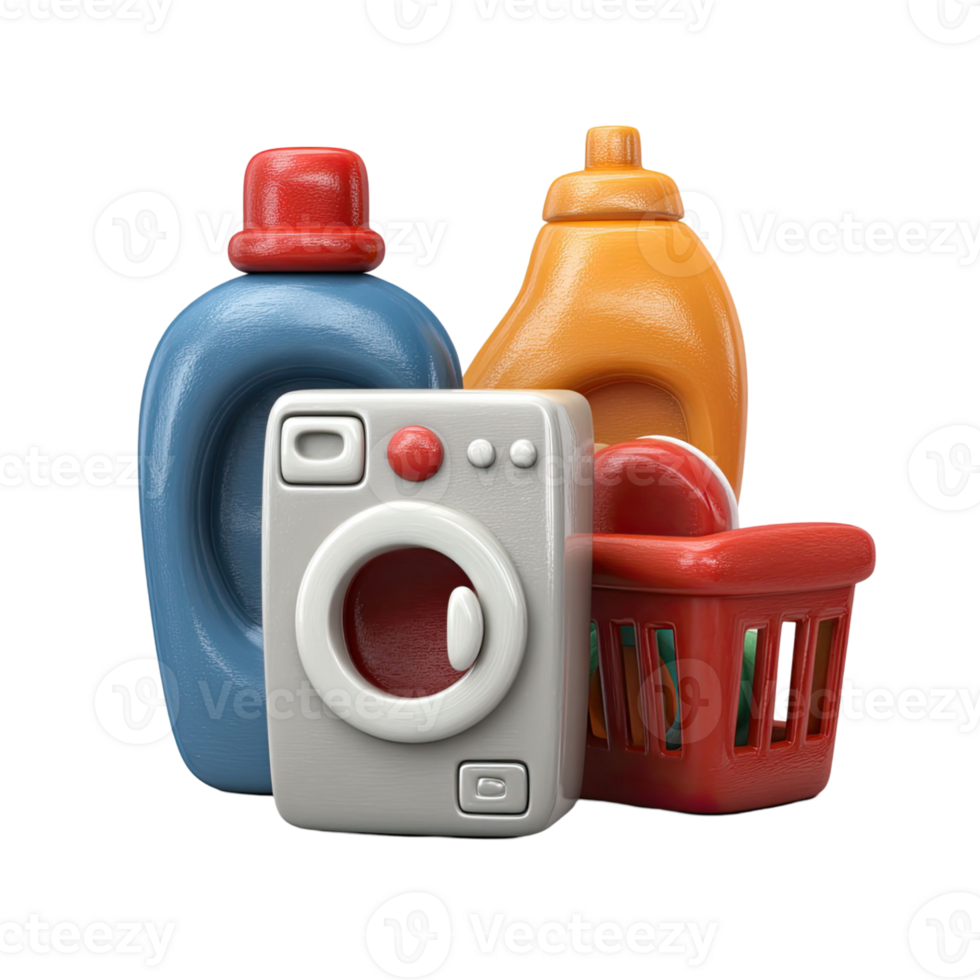 Laundry Essentials Stylized Illustration Featuring Blue And Yellow Detergent Bottles Washing Machine And Red Basket png