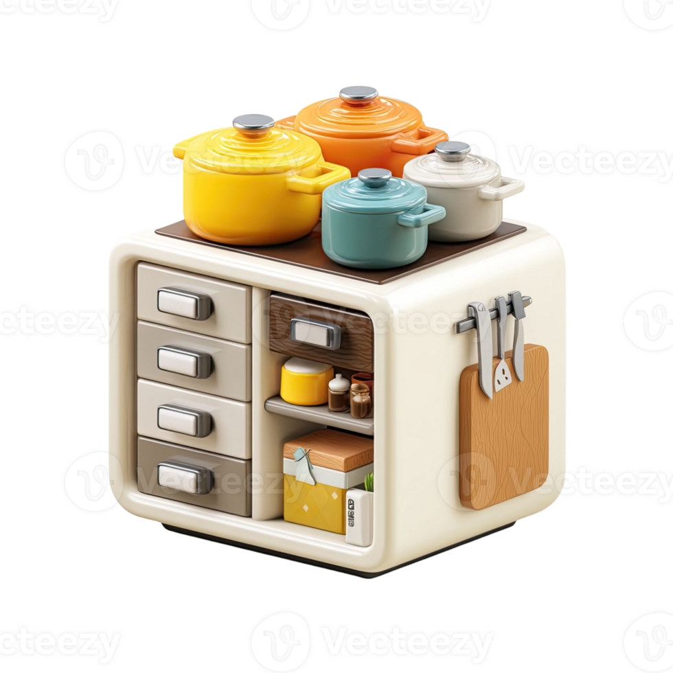 Miniature Kitchen Design With Colorful Pots Drawers And Utensils Against A Transparent Backdrop png