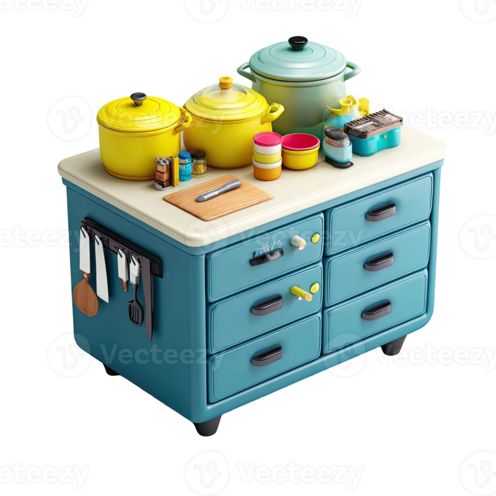 Kitchen Island Featuring Cookware With Yellow And Blue Pots And Other Utensils On White Countertop With Drawers And Knobs png