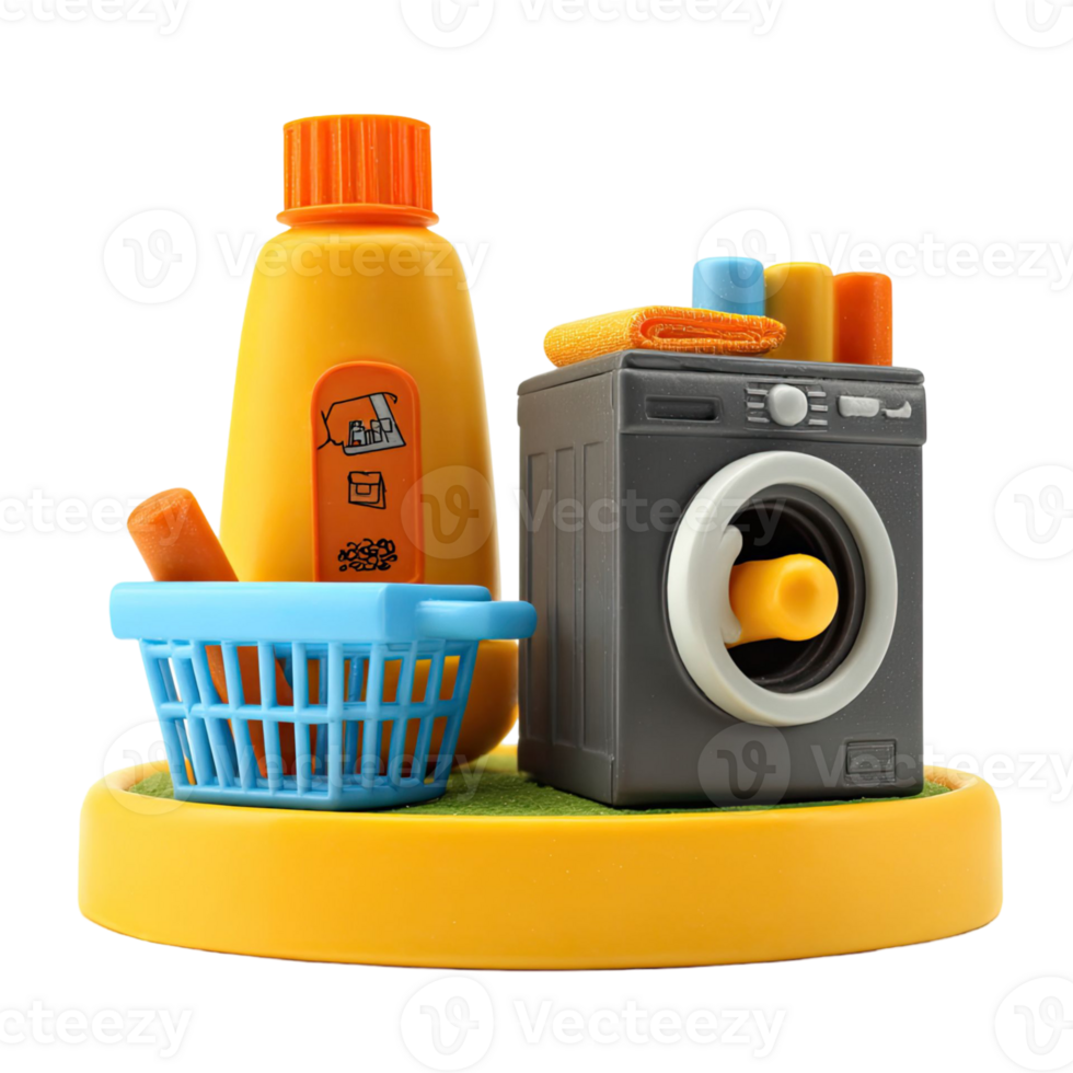 Miniature Laundry Scene with Washing Machine Detergent and Laundry Basket on Yellow Platform png