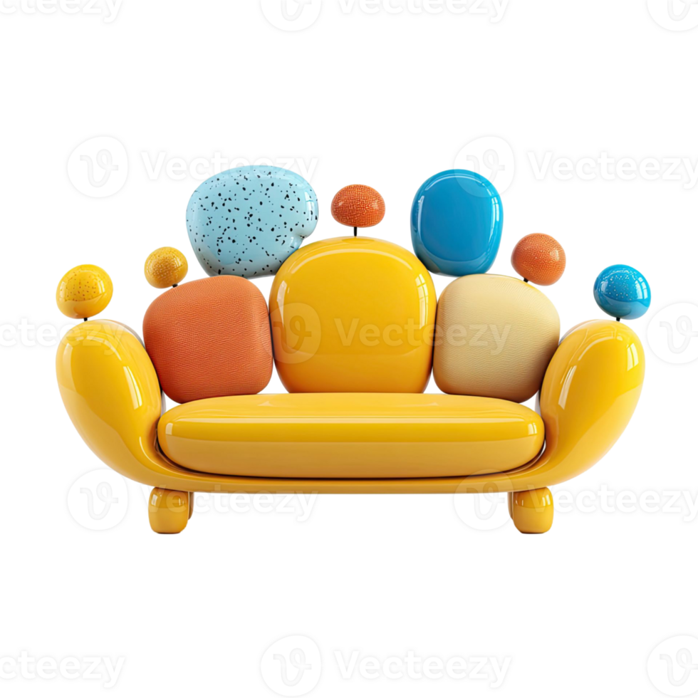 Modern Yellow Sofa With Colorful Cushions and Floating Spheres on Transparent Background png