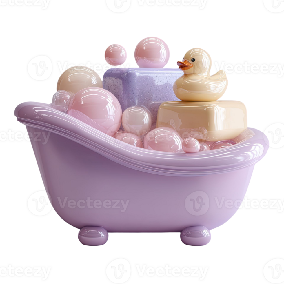 Purple Bathtub Filled With Bubbles Spheres and Rubber Duck in a Playful 3D Render with Transparent Background png