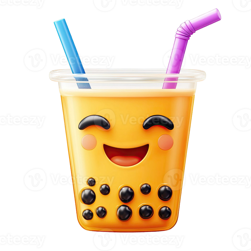Smiling Animated Orange Boba Drink With Blue And Purple Straws On Transparent Background png
