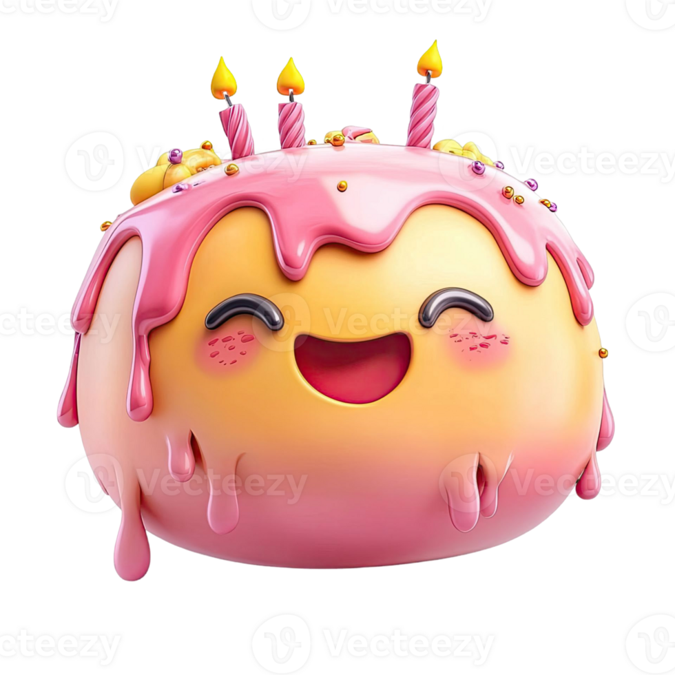 Smiling Animated Birthday Cake Character with Pink Icing and Lit Candles png