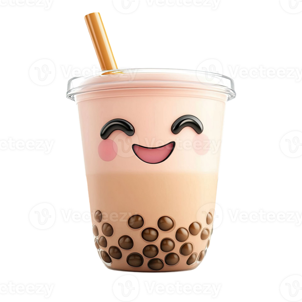 Smiling Bubble Tea Cartoon Illustration with Tapioca Pearls Isolated on Transparent Background png