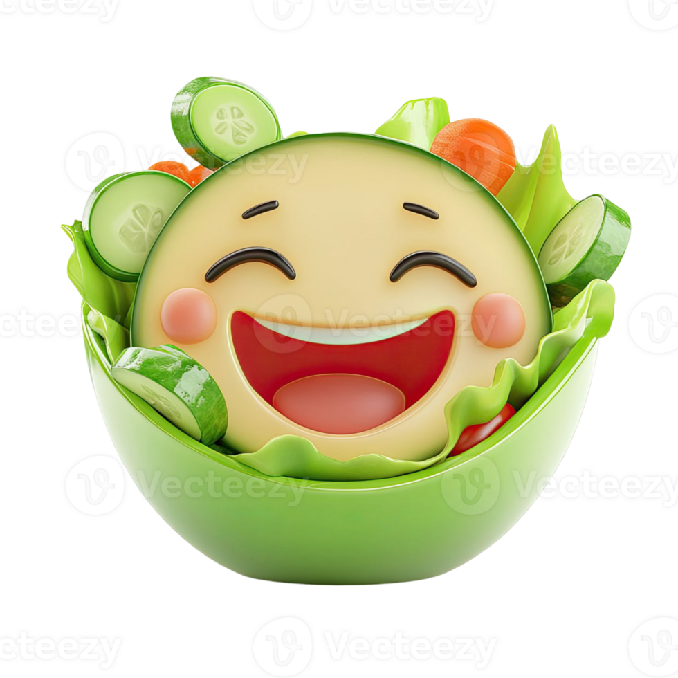 Smiling Avocado Emoji Salad In Green Bowl With Cucumber And Tomato On Transparent Background png