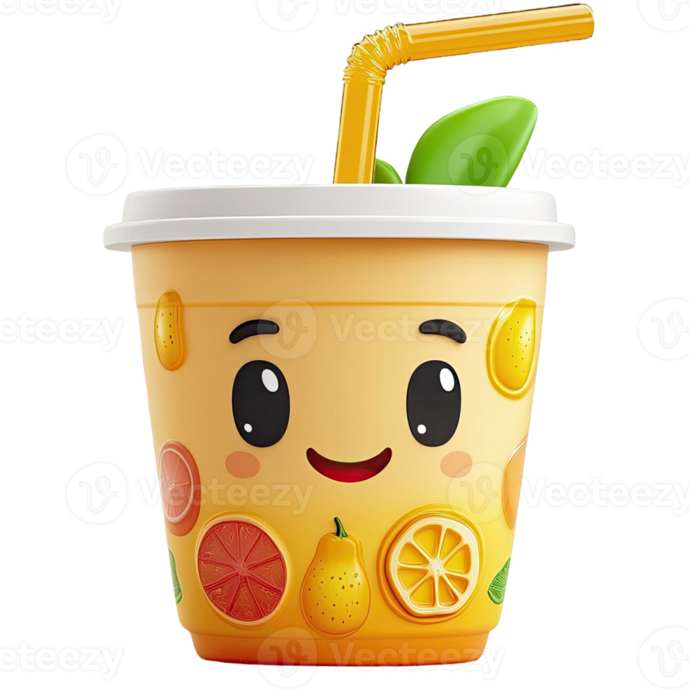 Smiling Cartoon Juice Cup With Straw And Fruit Decorations In Yellow And Orange Colors png