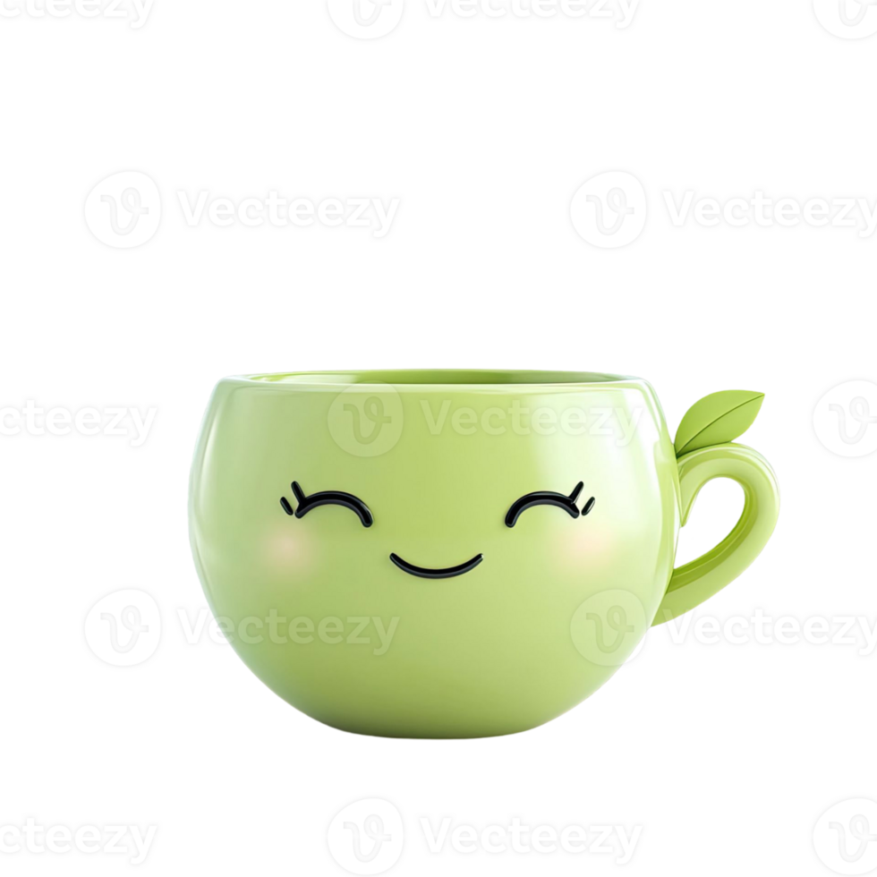 Smiling Green Teacup With Leaf Handle Against Transparent Background Featuring Cheerful Cartoon Design png