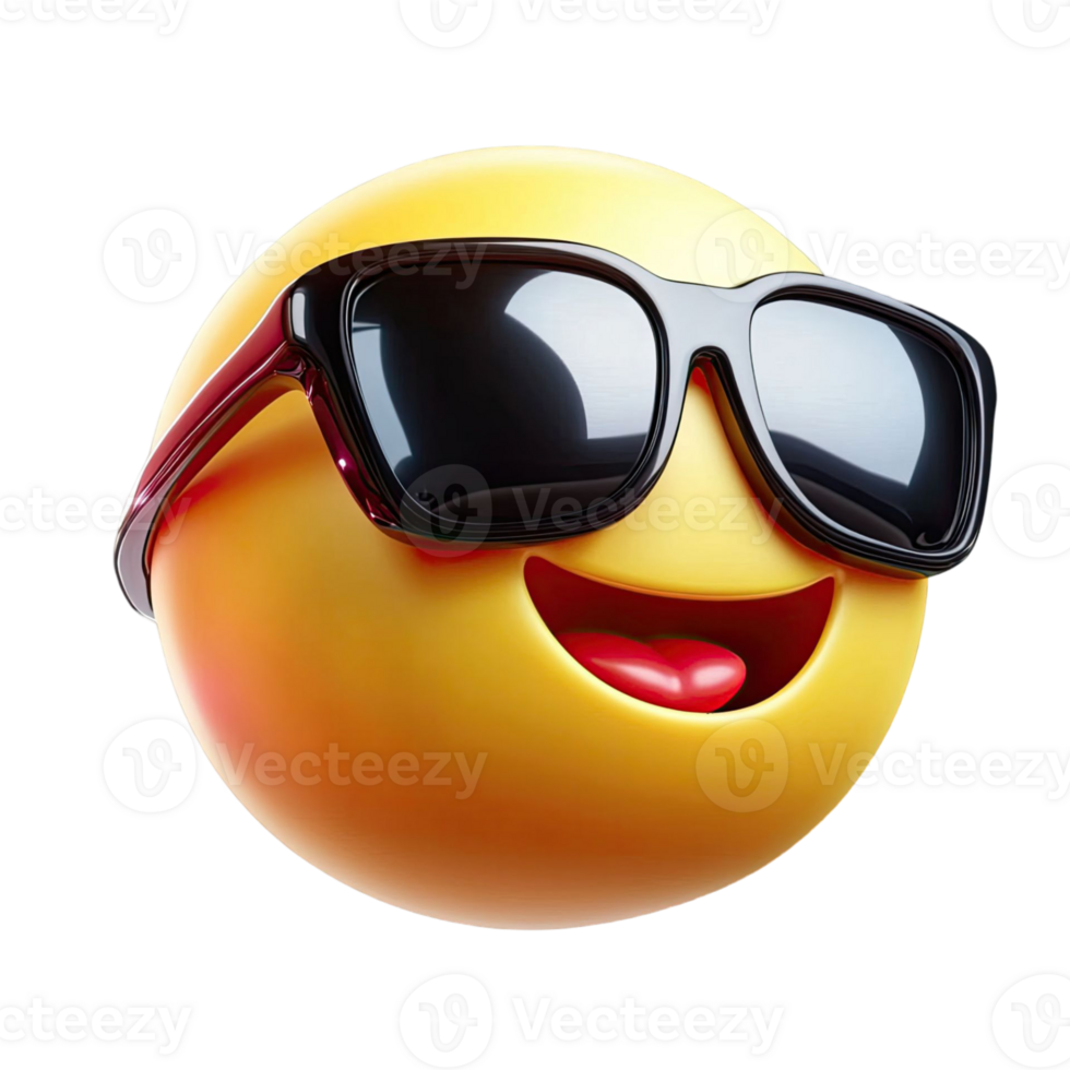 Smiling Emoji Wearing Black Sunglasses on Transparent Background 3D Rendered in Yellow png