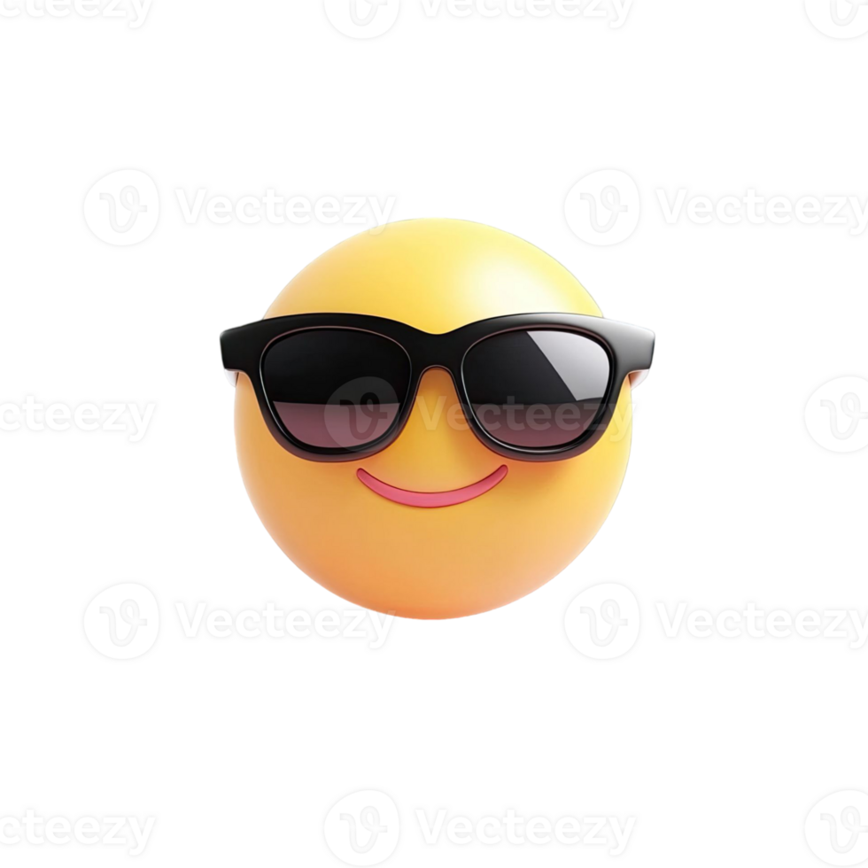 Smiling Yellow Emoji With Black Sunglasses Against A Transparent Background Rendered With Gloss and Reflections png