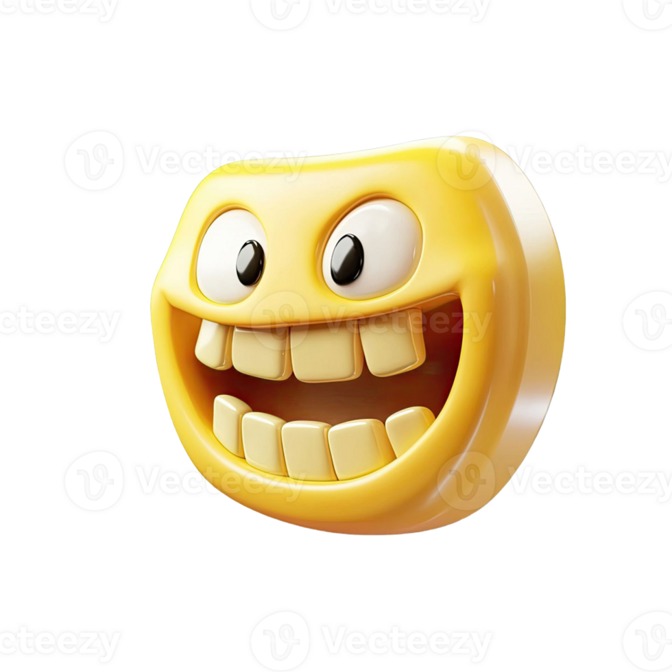 Smiling Yellow Emoji 3D Rendered With Open Mouth Teeth And Exaggerated Expression Against Transparent Background png