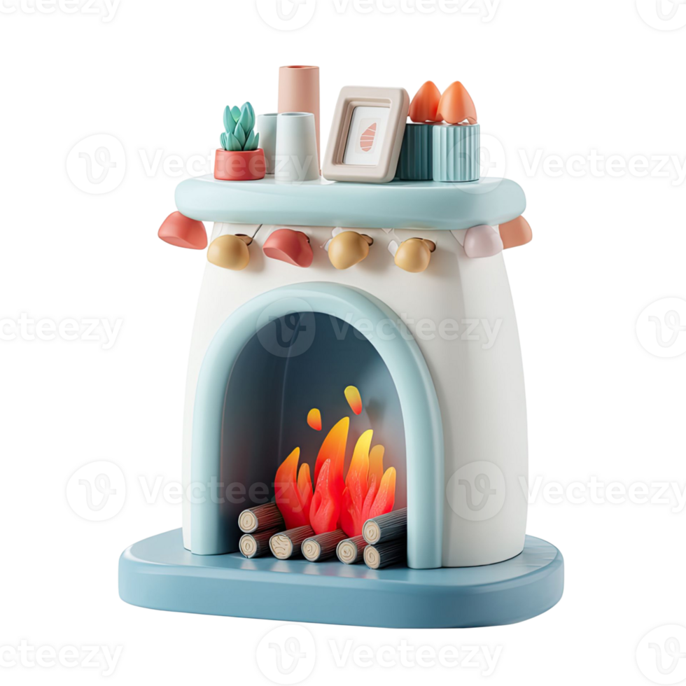 Stylized 3D Fireplace Render With Blue And White Design Featuring Candles Frame And Warm Fire In Transparent Background png