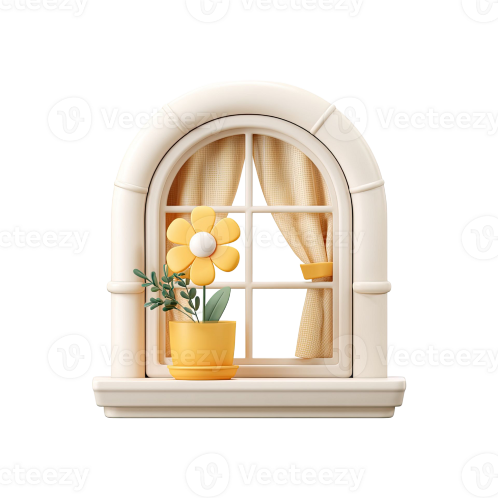 Stylized 3D Rendered Illustration of a Window Featuring Flower and Yellow Curtains Against Transparent Background png