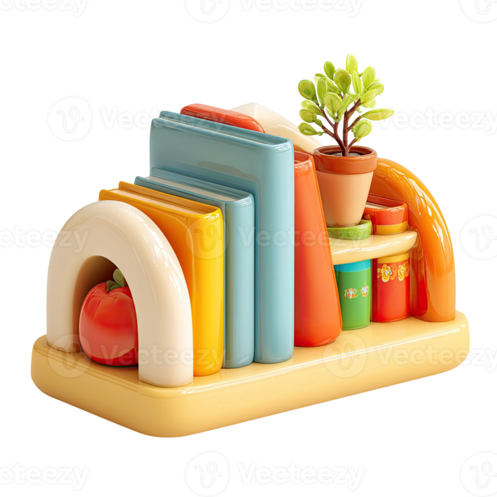 Stylized Bookshelf Illustration With Books Tomato and Potted Plant Against Transparent Background png