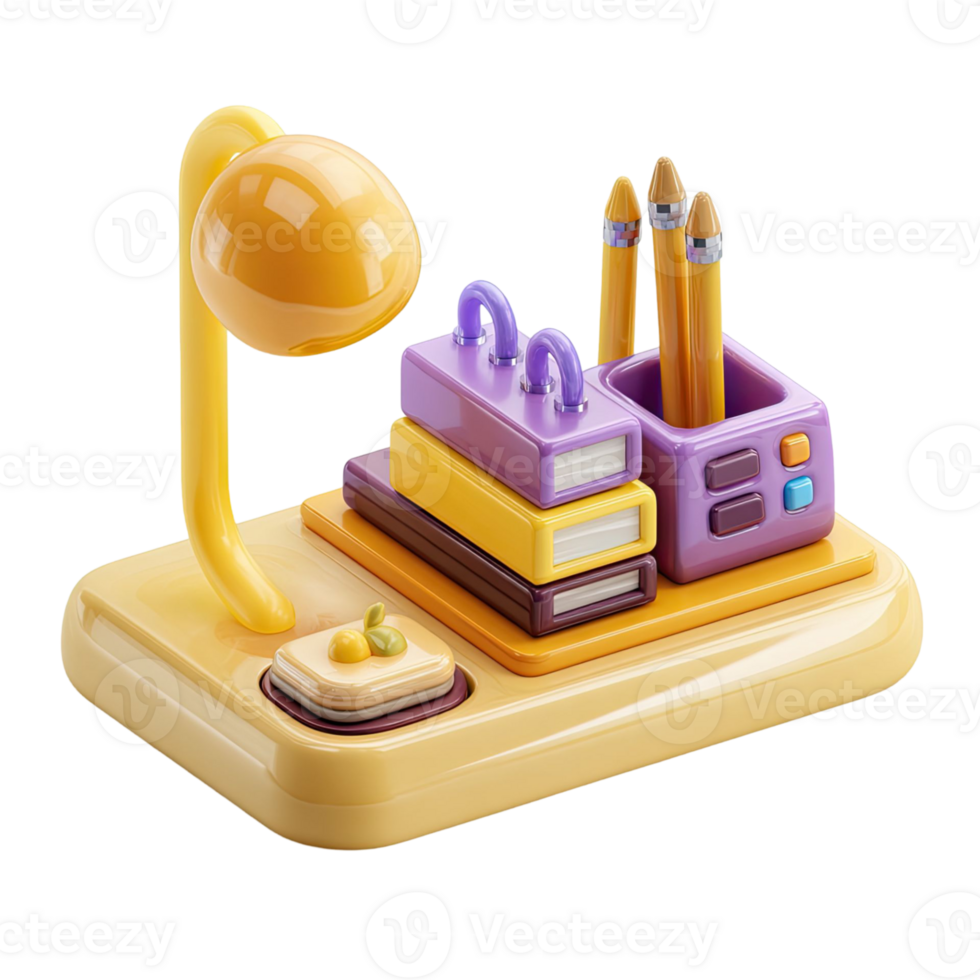 Stylized Desk Lamp Pencils And Books In Yellow And Purple With Soft Shadows On Transparent Background png
