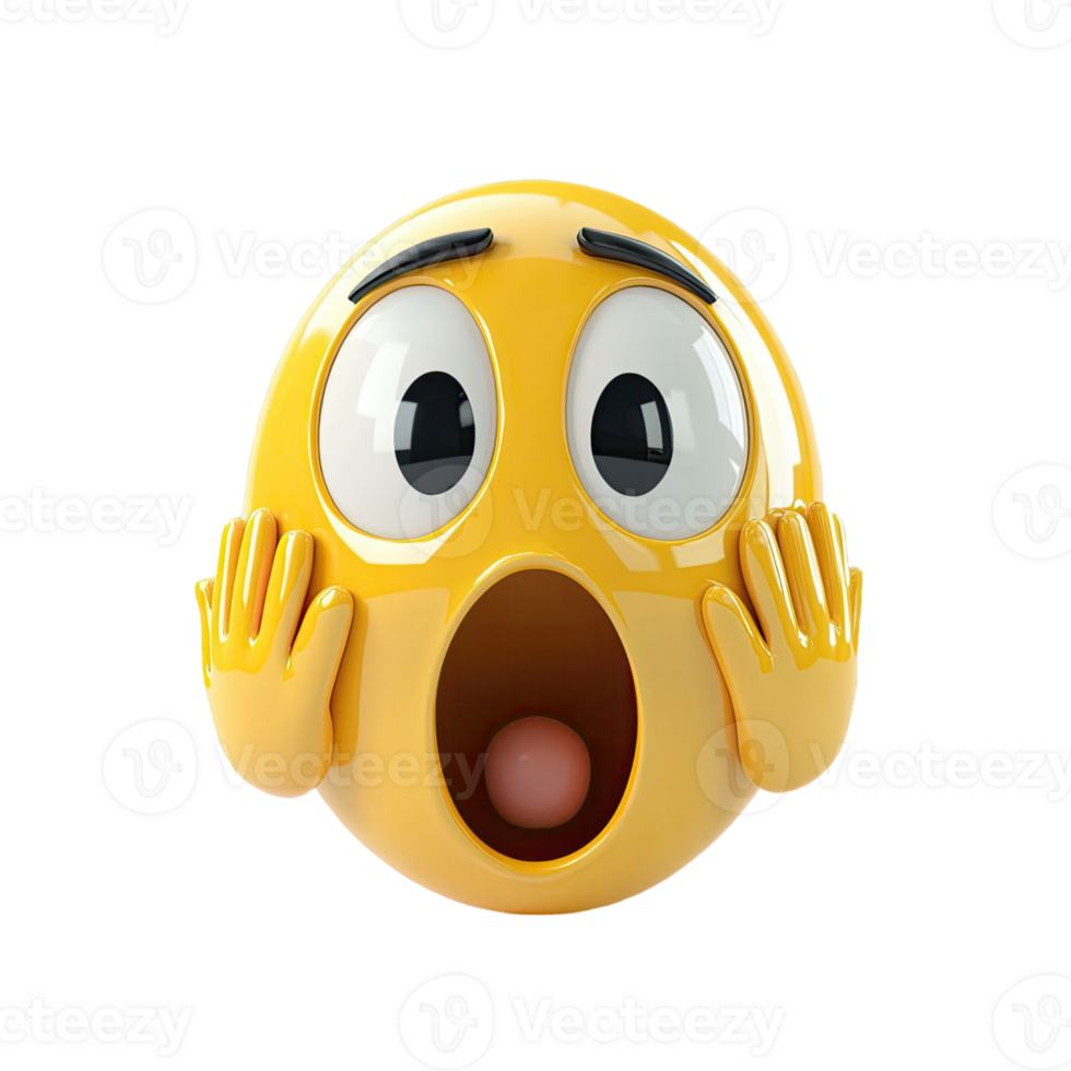 Surprised Yellow Emoji Face With Open Mouth Holding Hands To Cheeks Against Black Background png