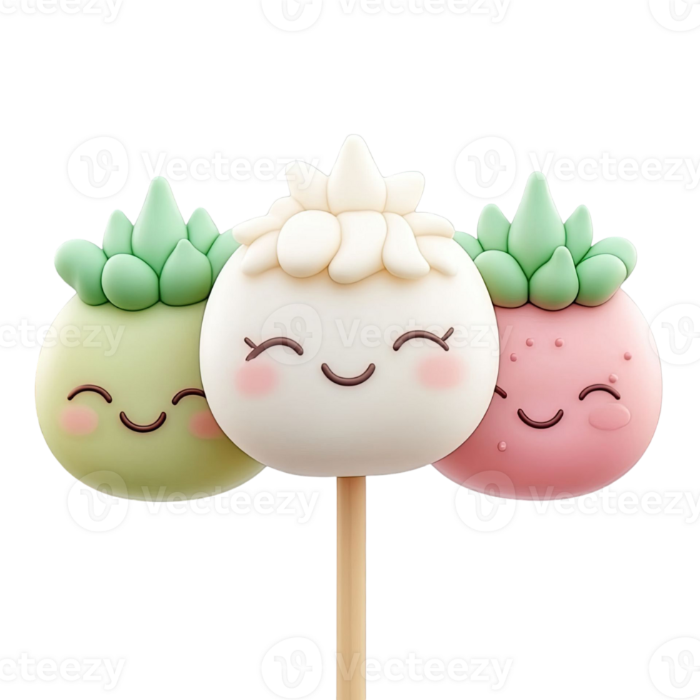 Three Smiling Pastel Dessert Pops With Green Pink and White Colors Against Transparent Background png