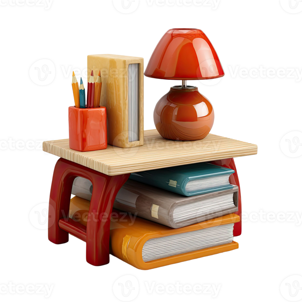 Vibrant Arrangement Of Books Stationery And Lamp On A Red Stool With Transparent Background png