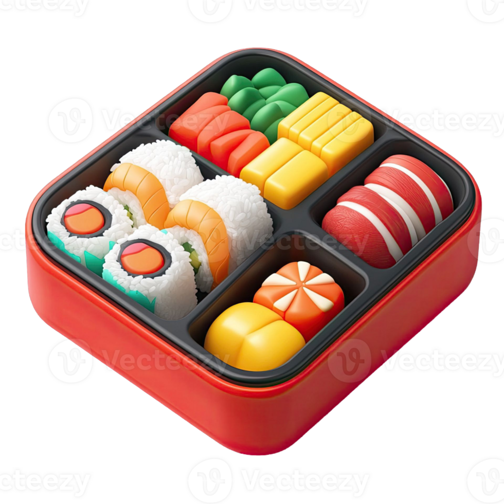 Vibrant Japanese Bento Box with Sushi Rolls and Assorted Accompaniments on Transparent Background png