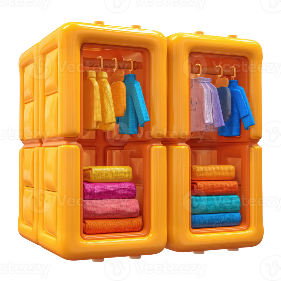 Vibrant 3D Rendered Wardrobe Units Displaying Colorful Clothing and Stacked Folded Items Against Transparent Background png