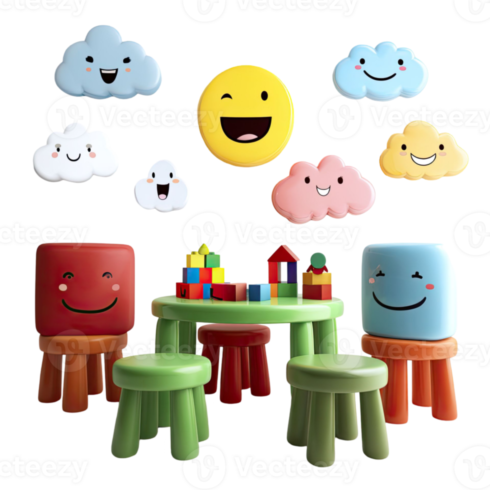 Whimsical Cartoon Scene With Smiling Clouds A Smiley Face And Playful Table And Chairs On Transparent Background png