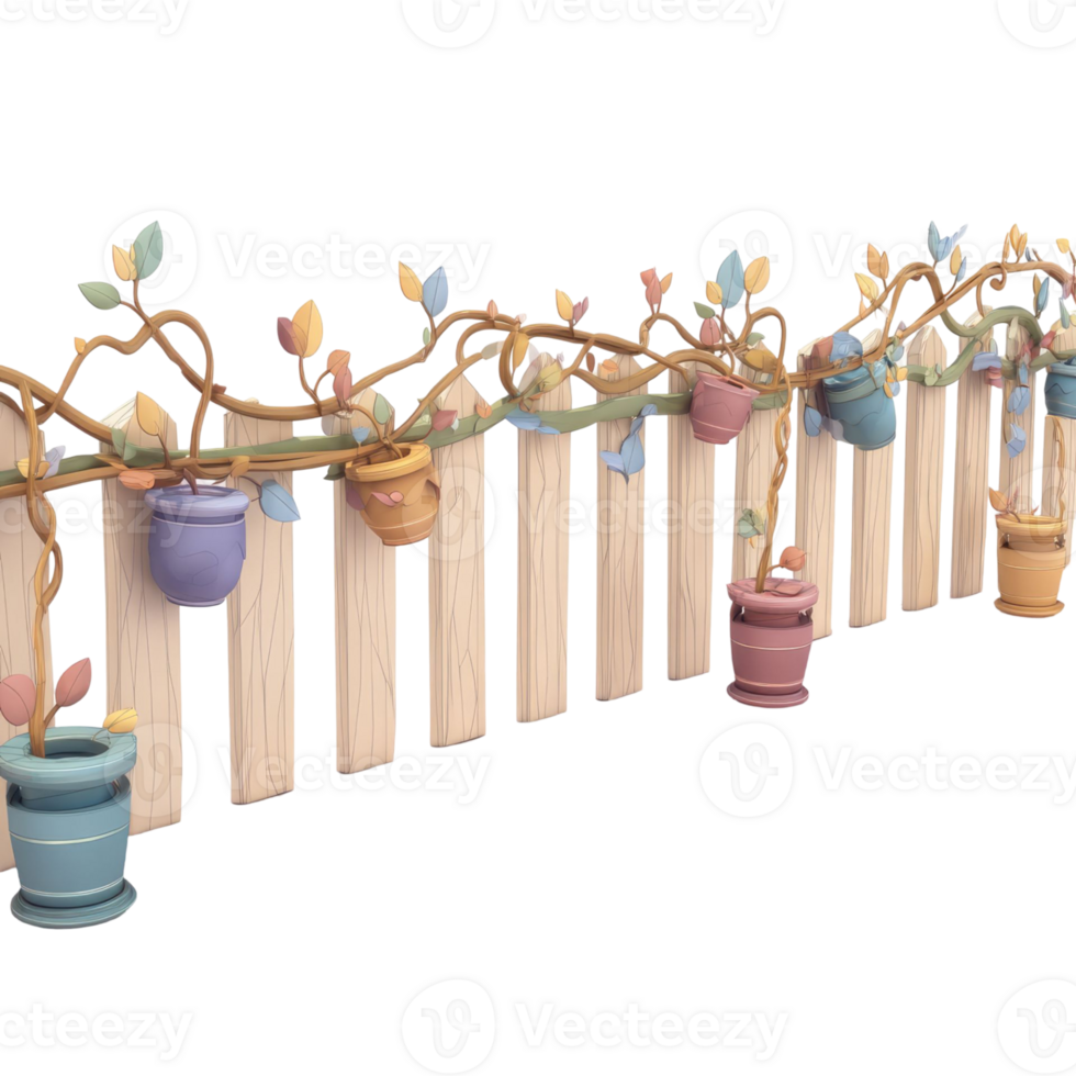 Whimsical Wooden Fence Decorated With Hanging Flower Pots and Trailing Vines on Transparent Background png